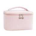 Pink PU leather makeup bag with quilted vertical stripes and a top handle - Pink