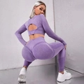 Purple seamless high waist yoga set with long sleeve crop top and peach lift leggings - Purple