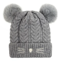 Cute grey baby knit hat with faux fur pom-poms and cat embroidery for winter - One Size / Gray