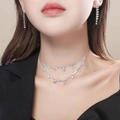 Silver rhinestone waterdrop necklace and long tassel earrings jewelry set for women - Double Layer Rhinestone Tassel Set (DTN10026202S)