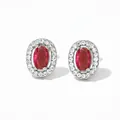 Elegant silver halo stud earrings featuring an oval red gemstone and zircon accents - Silver Oval Red Stone Style (PDE1082)