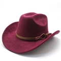 Detail of dark red felt western cowboy hat with brown leather belt and metal buckle - M(56-59CM) / Burgundy