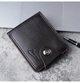 Top view of a dark brown textured leather men's wallet with snap closure in an office setting - Dark Coffee
