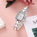 Elegante orologio al quarzo da donna con quadrante bianco quadrato e strass - Argento