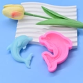 Vista macro di uno stampo in silicone a delfino rosa con un delfino in resina blu - Grande