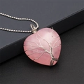 Pink heart crystal necklace with silver tree of life wire wrapping on black background - With Silver Bead Chain