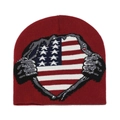 Detail of red knit beanie featuring a distressed American flag print and soft texture - Burgundy