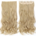 Single piece 55cm long wavy blonde hair extension with five clips on white background - Ash Blonde Mix Light Blonde (24-613)