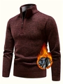 Men's half-zip burgundy knit sweater with thick fleece lining and stand collar - M / Burgundy