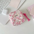 Flat-lay of floral quilted sanitary bag on desk with laptop and lifestyle props - Flower White Rabbit