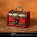 Vintage red wooden jewelry box with golden floral patterns and antique metal lock - Narcissus Handle - Lockless