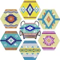 7-piece hexagonal diamond painting coasters set with bohemian patterns and black metal holder - Hexagon Bohemian Style (BD997)
