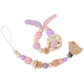 Pink and purple crochet bead pacifier clip with wooden bird and silicone feather charms - Bird Style Set