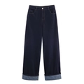 Fashionable dark blue wide-leg jeans with a high waist and stylish cuffed hem design - XS / Denim Wide Leg Pants