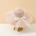 Pink straw sun hat with white lace bow and elegant pearl embellishments on wide brim - Adult 55-58cm / Pink