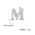 Silver stainless steel letter M pendant with clear zircon crystals, size 15.6x15.5mm - Letter M