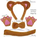 5-piece brown bear cosplay set with plush ears, paw gloves, bow tie and tail for costume - Tan Faux Fur Animal Ear 3-Piece Set With Gloves