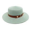 Top view of a light green straw hat with wide brim and brown leather band with gold buckle - M (56-58cm) / Mint Green