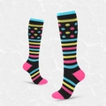 Black compression socks with colorful polka dots and pink toe accents for sports - S/M / Dots Stripes (Black Multicolor)
