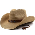 Classic Western straw cowboy hat with turquoise beads and brown leather band - Khaki