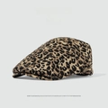 Retro forward newsboy cap featuring a brown leopard print pattern with metal button detail - Leopard Beige