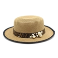 Sombrero de paja de copa plana con cinta de leopardo y perlas para playa de verano - M (56-58cm) / Caqui