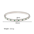 Detail shot of 4mm silver geometric bangle with green cubic zirconia stones and dimensions - Green Round Zirconia Style (HF-B5177-S)