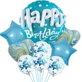 Blue and teal 22-inch Happy Birthday balloon set with marble and star foil decorations - Blue