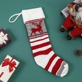 Knitted Christmas stocking with red stripes and grey reindeer pattern for festive decor - Elk