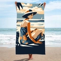 Quick-dry microfiber beach towel with vintage illustration of a woman reading by the sea - B24-Vintage Illustration Woman Reading at Sea