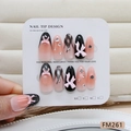 Handgemaakte amandel press-on nagels met 3D roze strikken, strass en hartpatronen - S / Roze Zwart Verloop Strik Ruit (FM261)