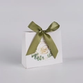 Close-up of white wedding favor box with green ribbon and gold Thank You lettering - Eucalyptus + Green Ribbon