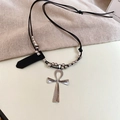 Silver Ankh cross pendant on black cord necklace with metallic beads - Leather Cord Double Layer Ankh Cross Necklace