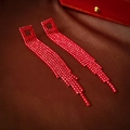 Detailed macro view of red rhinestone square tassel earrings on luxury silk fabric - Red Square Tassel (Silver Needle)