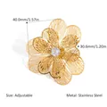 Adjustable hollow camellia flower ring in 18K gold plated stainless steel with zircon - Fine Thread Woven Flower With Zirconia Style (YYR025259) / Adjustable Open