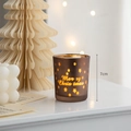 7cm dark brown frosted glass Christmas candle holder with stars and Merry Christmas text - Style F / Brown