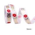 White 16mm satin ribbon with gold XOXO lettering and red lip prints for Valentine gift - Lips XOXO (White with Gold Lettering) / 16mm Width x 10 Yards Length
