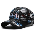 Black street style graffiti baseball cap with artistic text and street culture patterns - Black and Blue