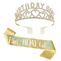 Golden Birthday Girl crown and sash set with rhinestones and glitter for party outfit - Pure Gold Set