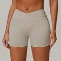 High-waisted crossover yoga shorts in beige grey with a V-shaped waistband for fitness - S / Light Khaki