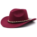 Detail of burgundy wool fedora hat featuring a wooden beaded chain and wide brim - Burgundy