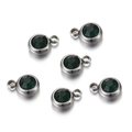 Set of 6 silver stainless steel round 6mm charms with dark green faceted birthstones - Steel Base Dark Green