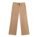 Detail view of khaki wide-leg trousers featuring a drawstring waist and knitted fabric texture - XS / Pants / Earthy Yellow