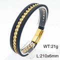 Pulsera de hombre en cuero trenzado negro con cadena cubana dorada y cierre magnético - Dorado