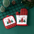 Christmas plaid oven mitt and pot holder set with festive tree print in red and white - Three Trees