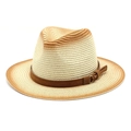 Classic woven straw fedora hat with gradient beige tones and brown leather band detail - M (56-58cm) / Beige + Caramel