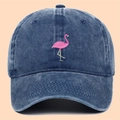 Classic dark blue washed cotton baseball cap featuring pink flamingo embroidery - Adjustable / Blue
