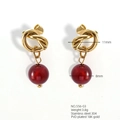Detailed view of 18K gold plated bow earrings with red beads and dimension specs - Gold Bowknot Red Bead Style (556-03)