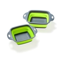 Set of two foldable grey and green silicone kitchen colanders on a clean white background - Small Square / Green