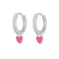 Silver heart hoop earrings with white zircon accents and pink enamel pendant charms - White Gold Plated Barbie Pink